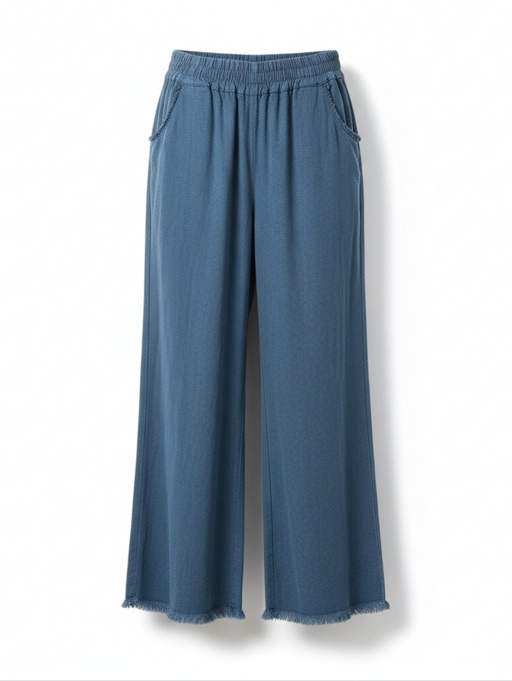 Umgee SZ S Green Linen Blend Wide Leg Cropped Frayed Hem Pull On Pants